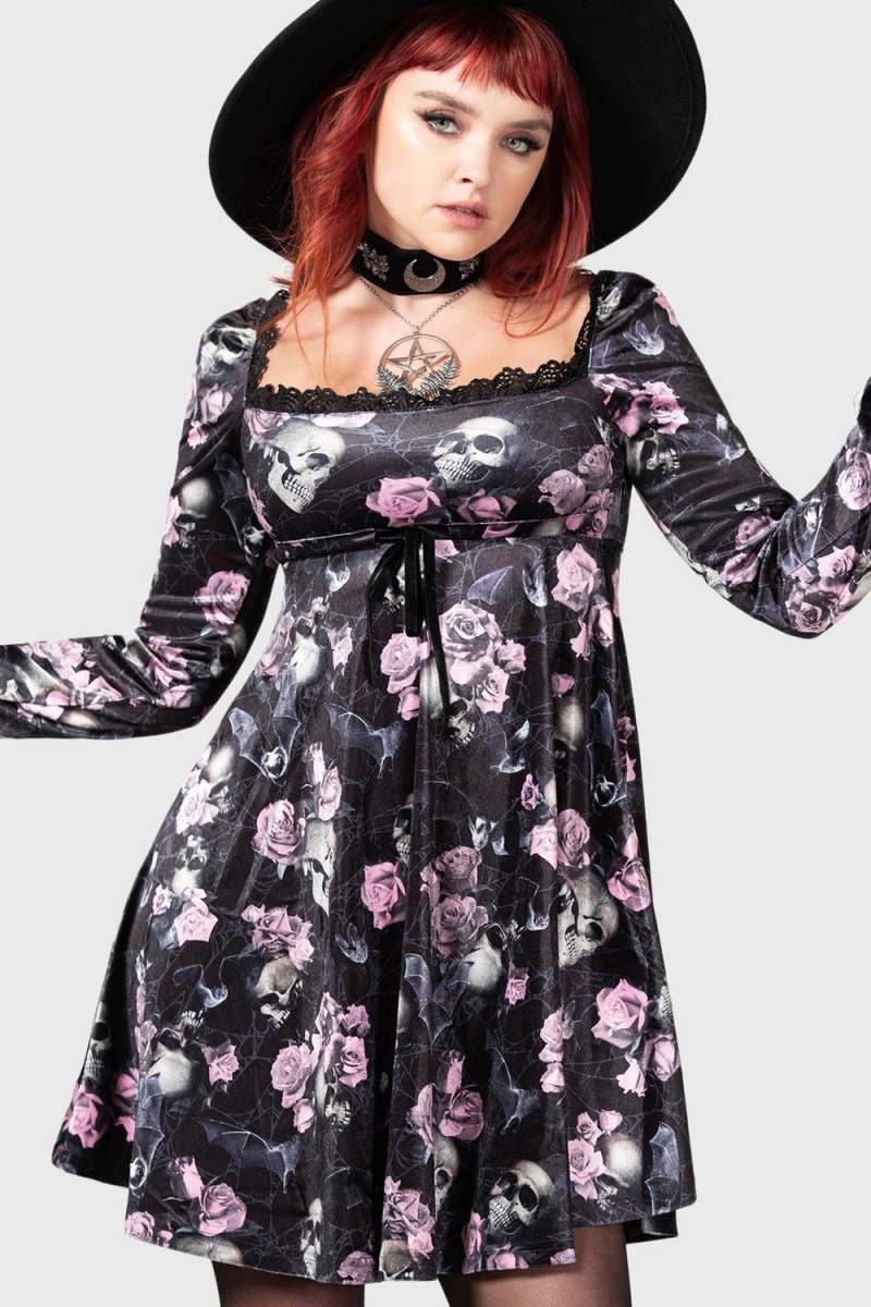 Killstar Imperia Long Sleeve Vestido [BLACK/PINK] Rosas | 71983-JHYO