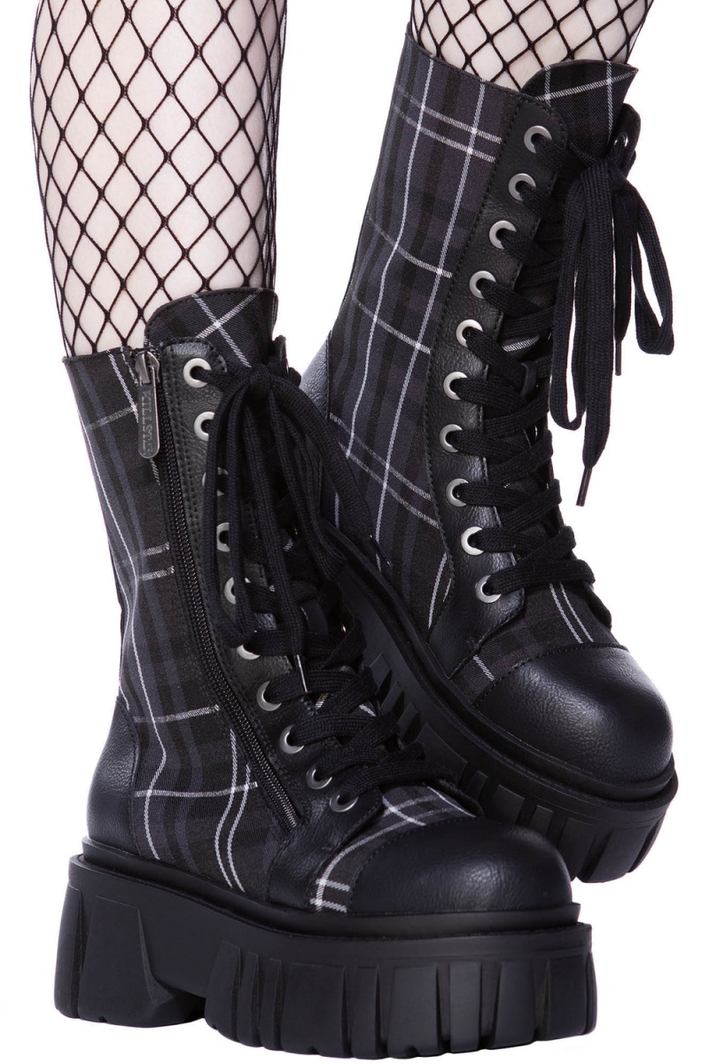 Killstar Kick The bucket Boots [ASH TARTAN] Grises | 51432-YVAX