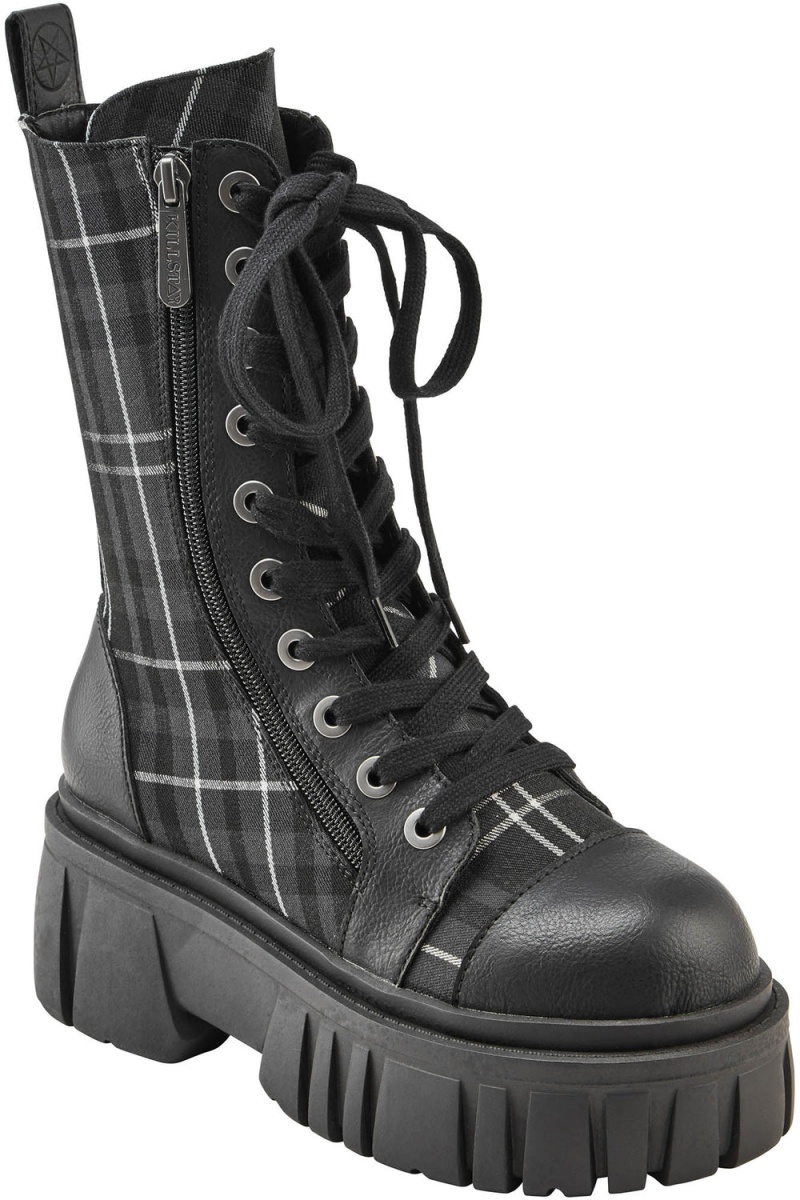 Killstar Kick The bucket Boots [ASH TARTAN] Grises | 51432-YVAX