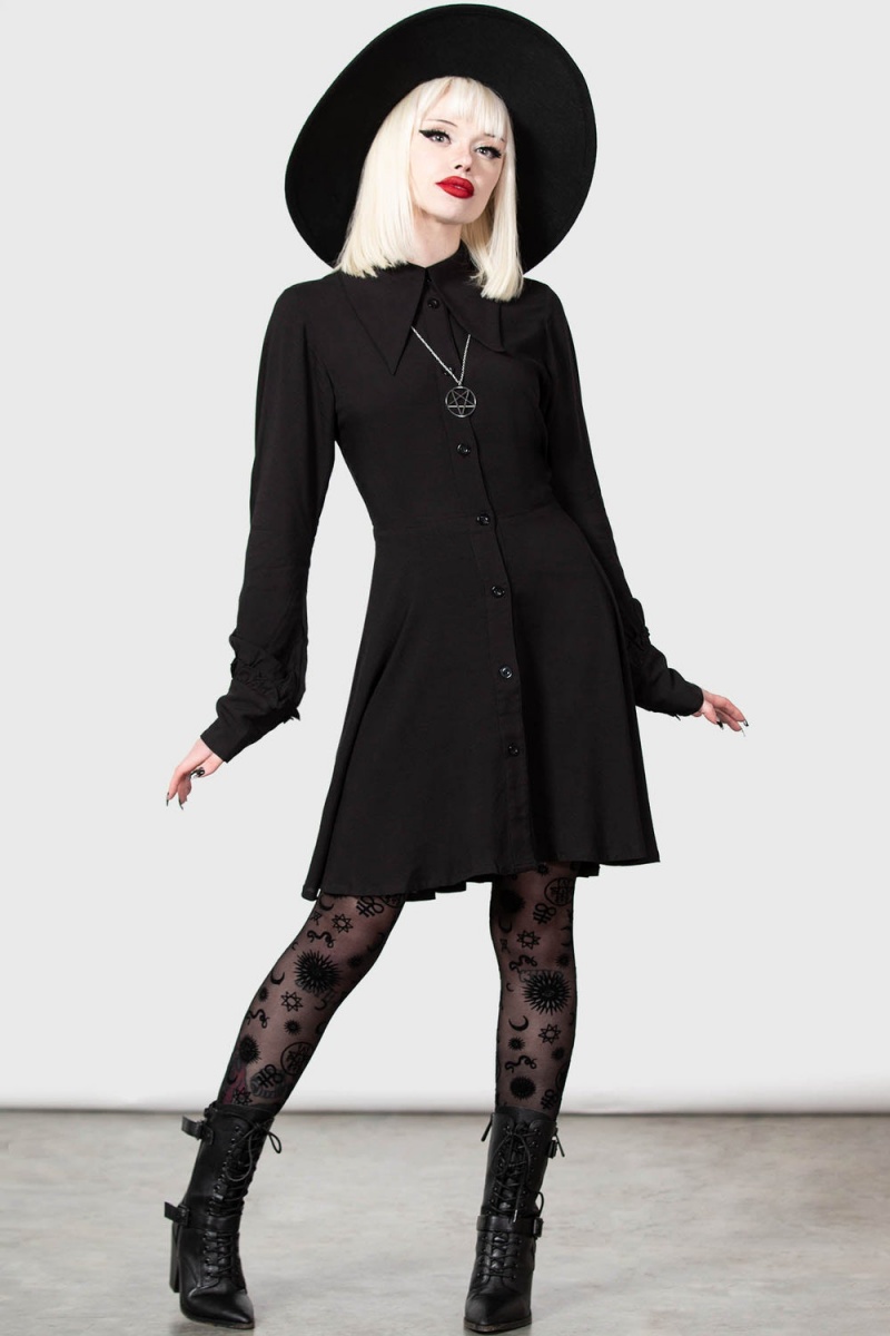 Killstar Kimaris Long Sleeve Vestido Negros | 52410-OPHE