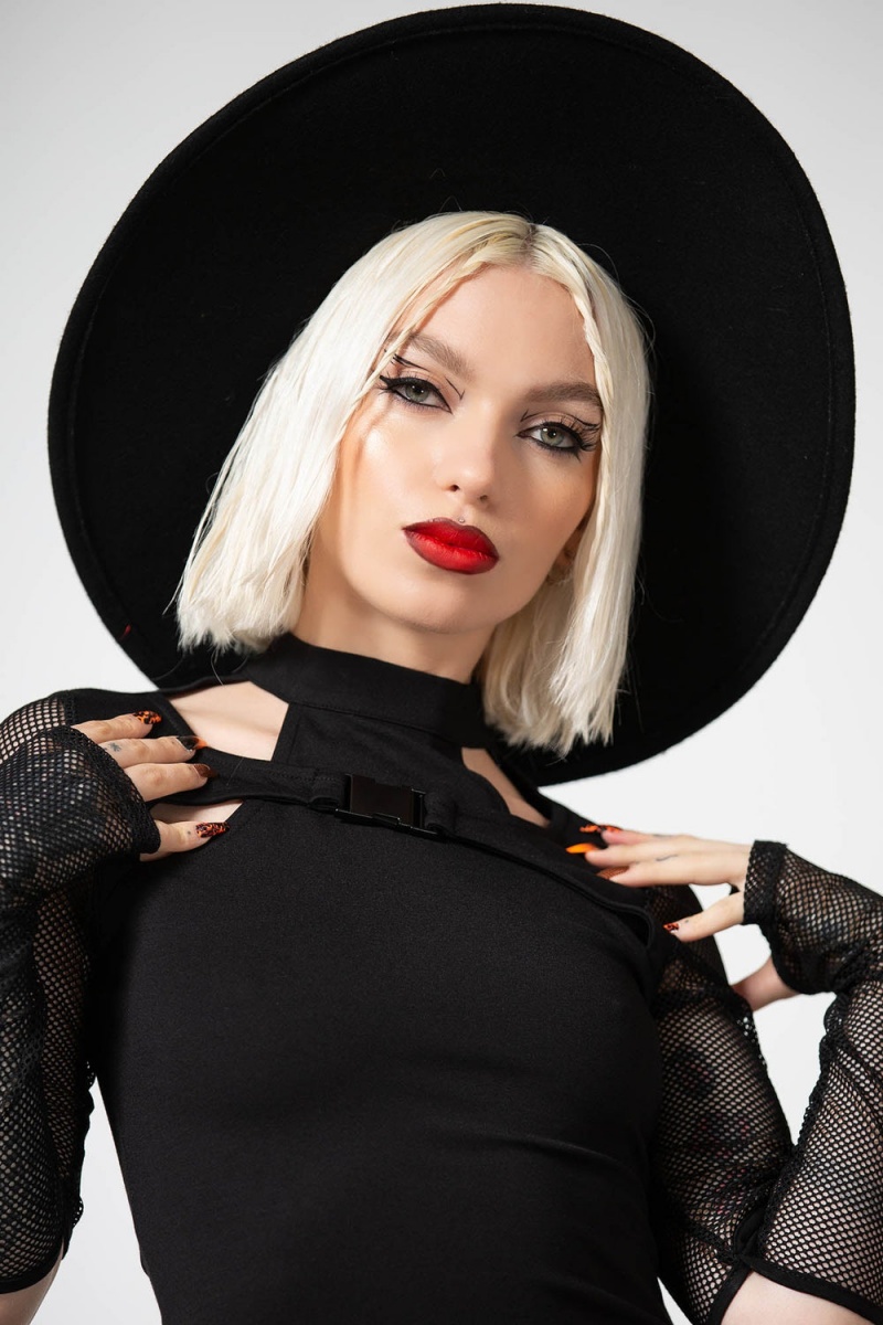 Killstar Lazer Beam Fishnet Sleeve Top Negros | 96308-NOSK
