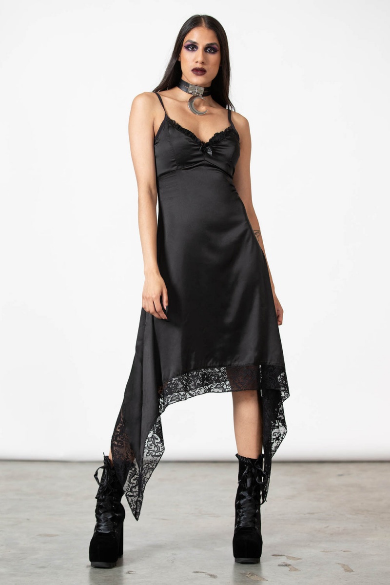 Killstar Loya Satin Maxi Vestido Negros | 75690-YSGK