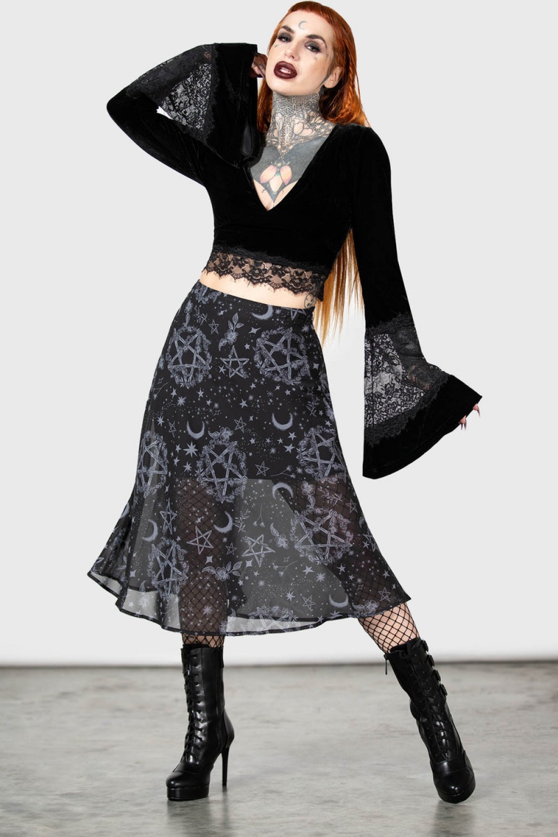 Killstar Luella Bias Midi Skirt Negros | 68437-KHMT