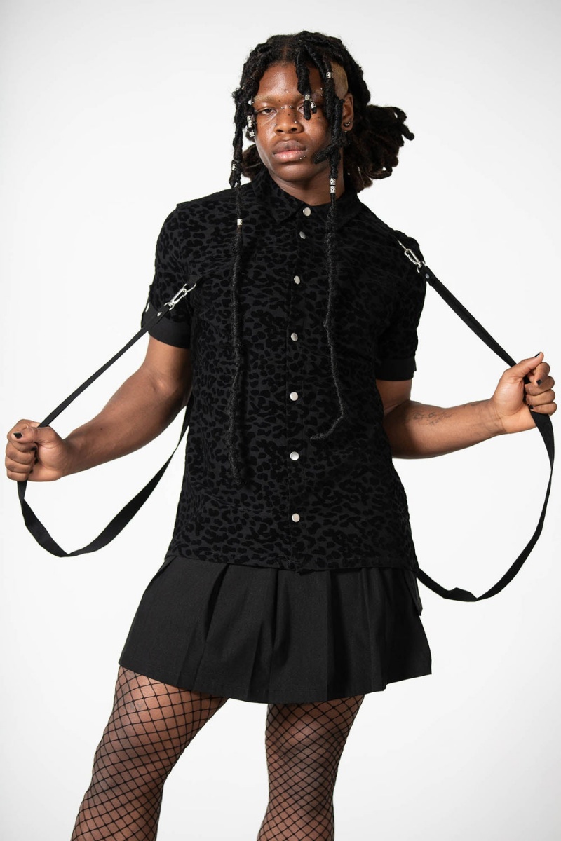 Killstar Mad Paw Leopard Print Shirt Negros | 78390-JLDG