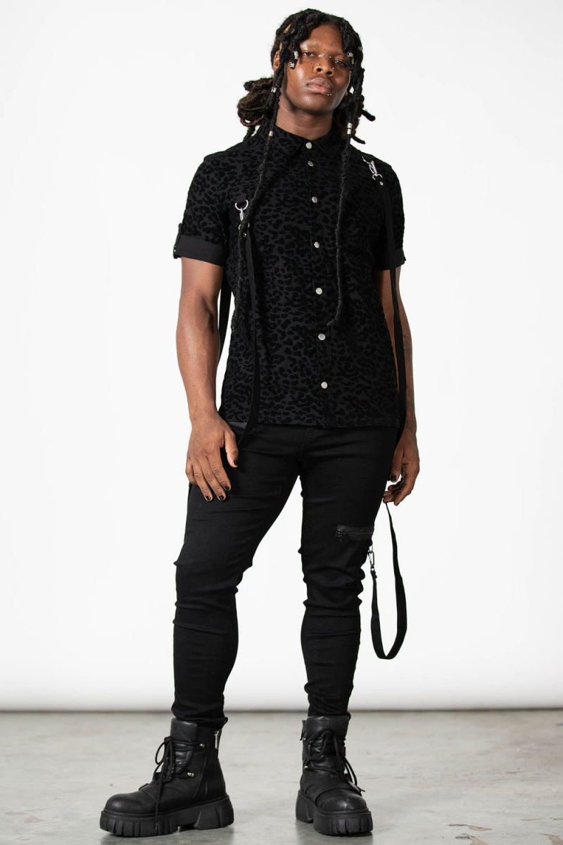 Killstar Mad Paw Leopard Print Shirt Negros | 78390-JLDG