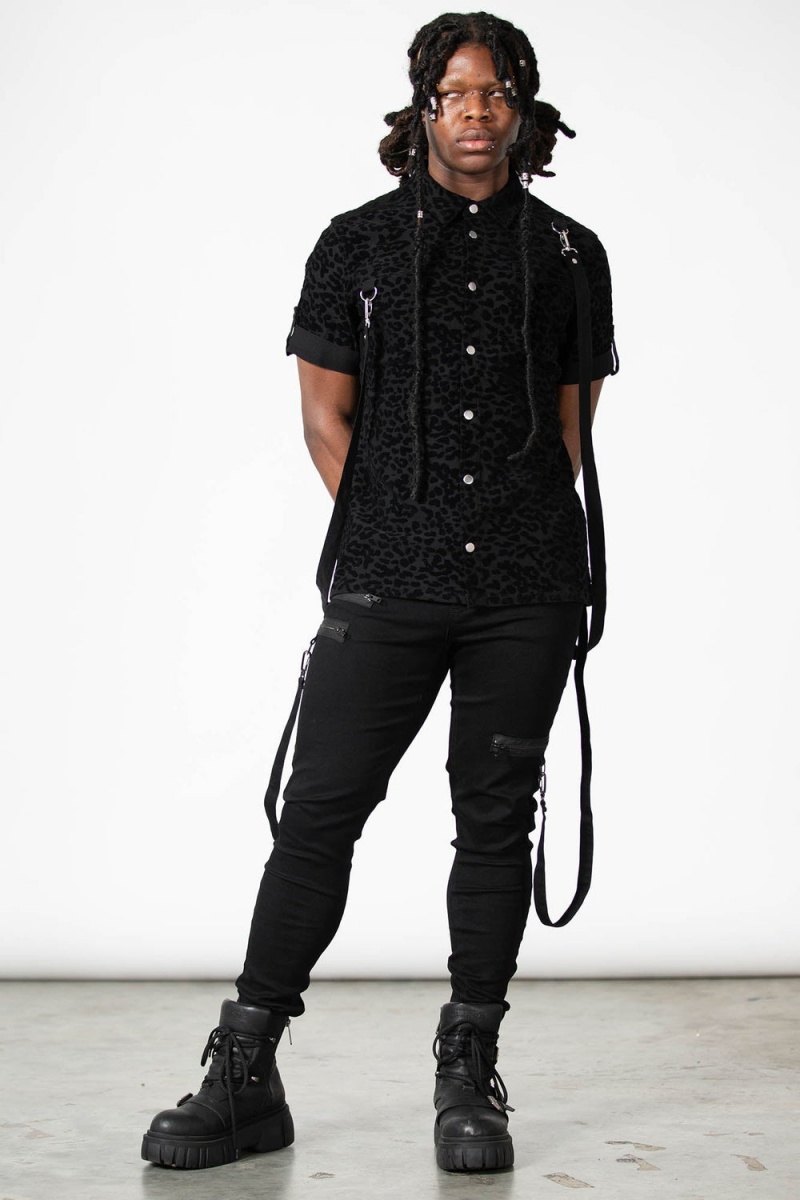 Killstar Mad Paw Leopard Print Shirt Negros | 78390-JLDG