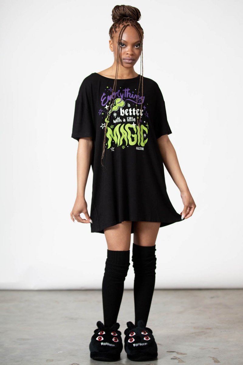 Killstar Magic Rest T-Shirt Vestido Negros | 92580-YSHL