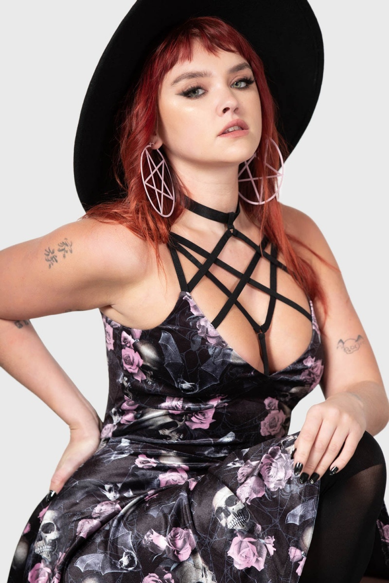 Killstar Magica Skater Vestido [BLACK/PINK] Rosas | 31267-NPGO