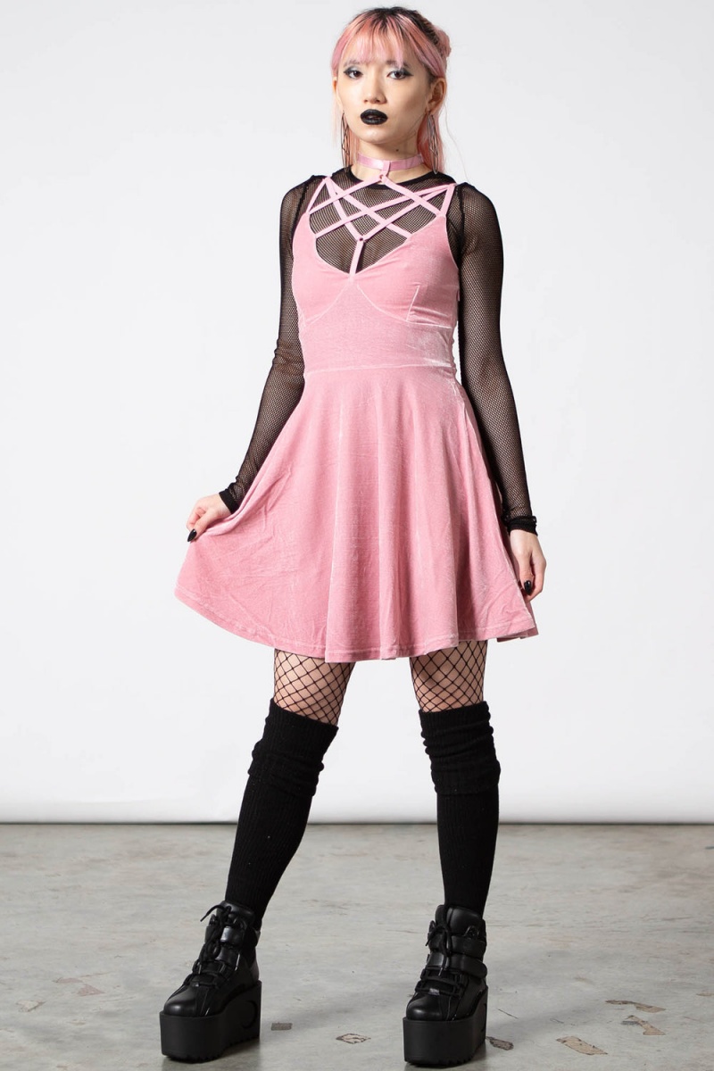 Killstar Magica Skater Vestido [PASTEL PINK] Rosas | 83562-IQYJ