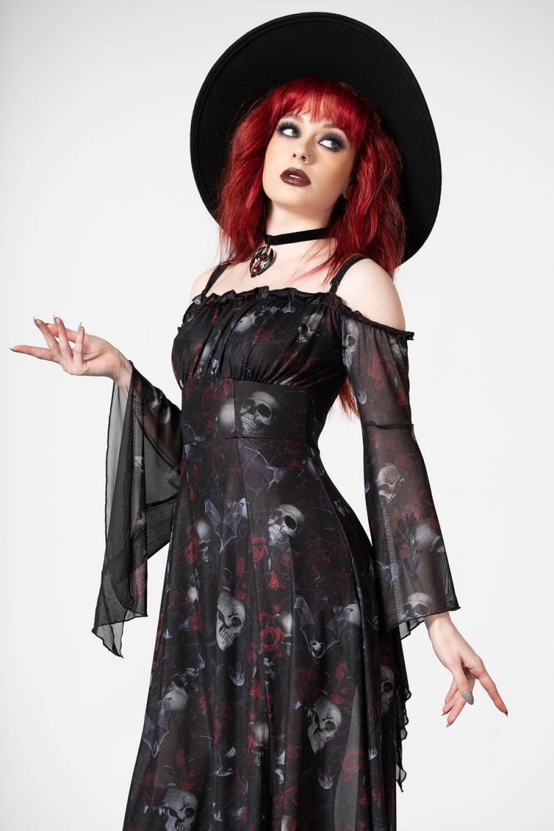 Killstar Mystic Meadow Mesh Maxi Vestido Negros | 02857-RBYU