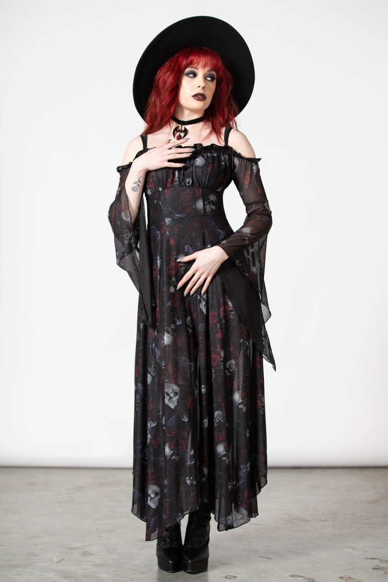 Killstar Mystic Meadow Mesh Maxi Vestido Negros | 02857-RBYU