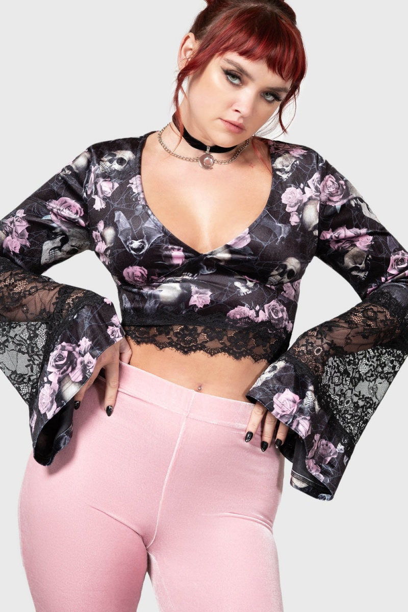 Killstar Naomi Long Sleeve Top [BLACK/PINK] Rosas | 64053-JNPA