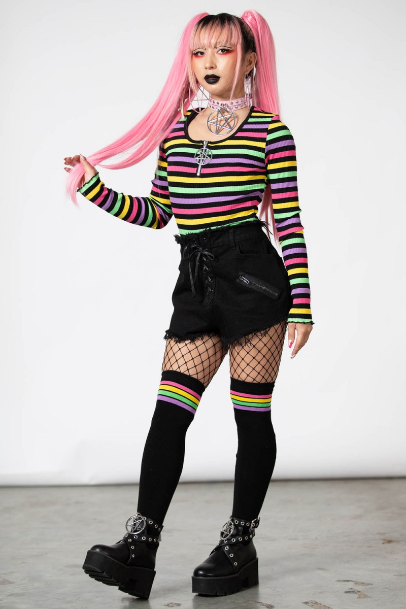 Killstar Nikiko Acanalado Long-Sleeve Top Rainbow | 86294-KJBX