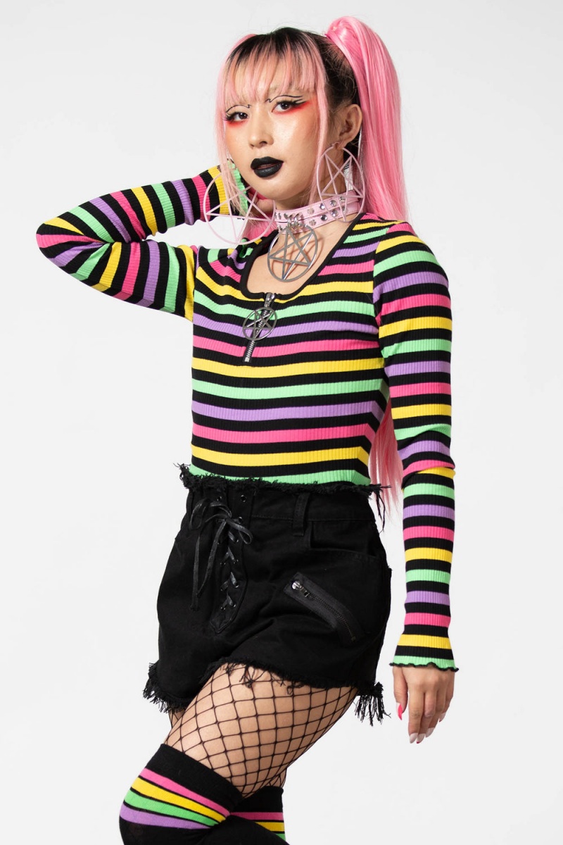 Killstar Nikiko Acanalado Long-Sleeve Top Rainbow | 86294-KJBX