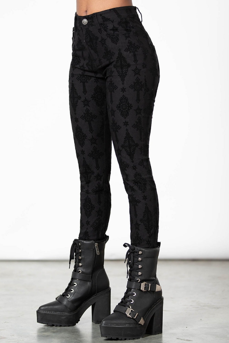 Killstar Nora Flocked Trousers Negros | 12580-RITO