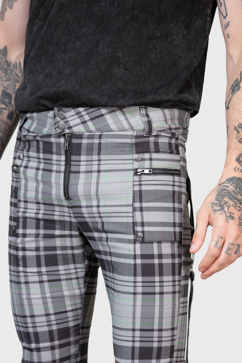 Killstar Office Riot Tiras Trousers [GREY TARTAN] Grises | 53620-LRFM
