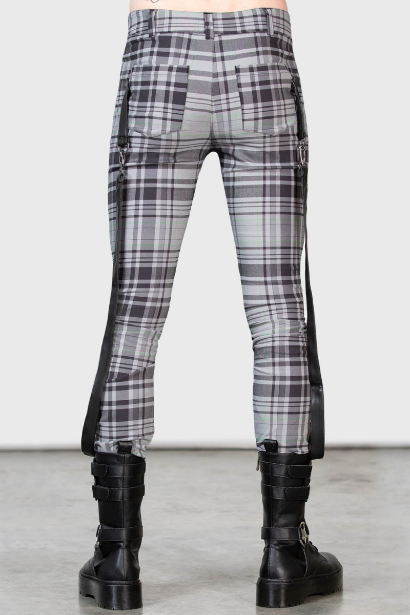 Killstar Office Riot Tiras Trousers [GREY TARTAN] Grises | 53620-LRFM