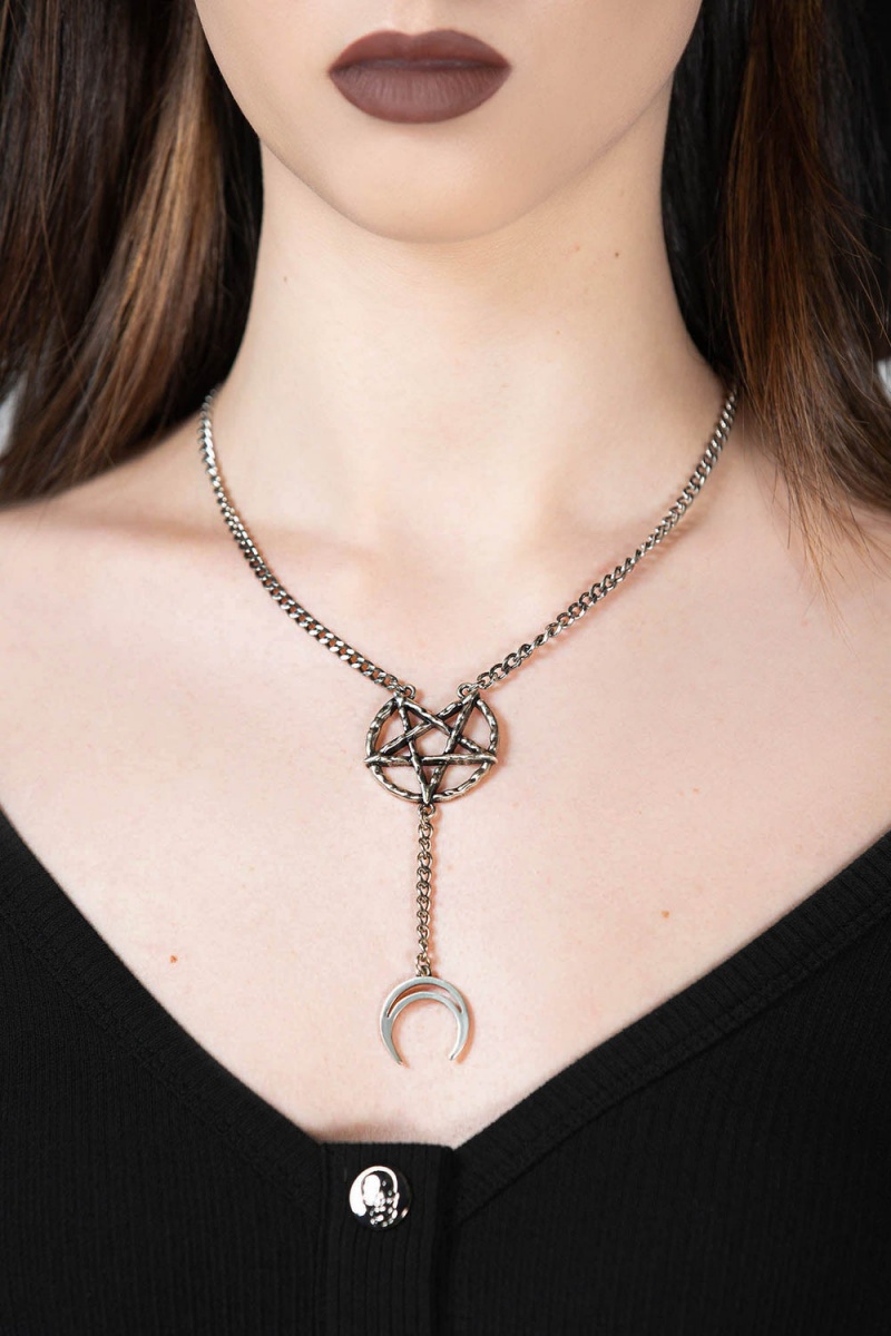 Killstar Pentagram Moon Drop Choker Plateados | 12704-FRUQ