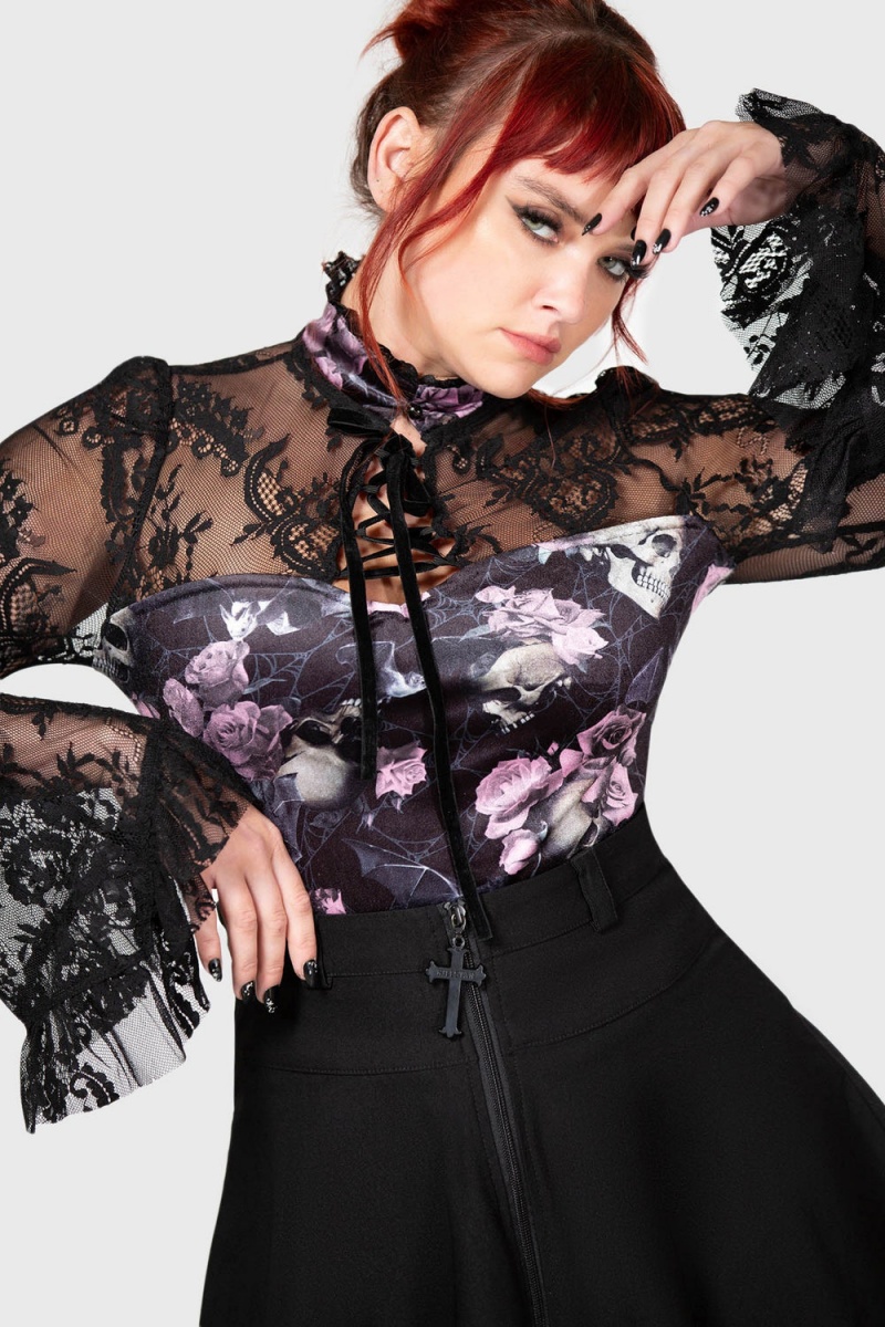 Killstar Poison Fang Long Sleeve Top [BLACK/PINK] Rosas | 57834-SXOG