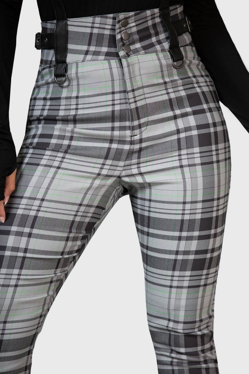 Killstar Prophet Of Doom Suspender Trousers [GREY TARTAN] Grises | 95678-BQYN
