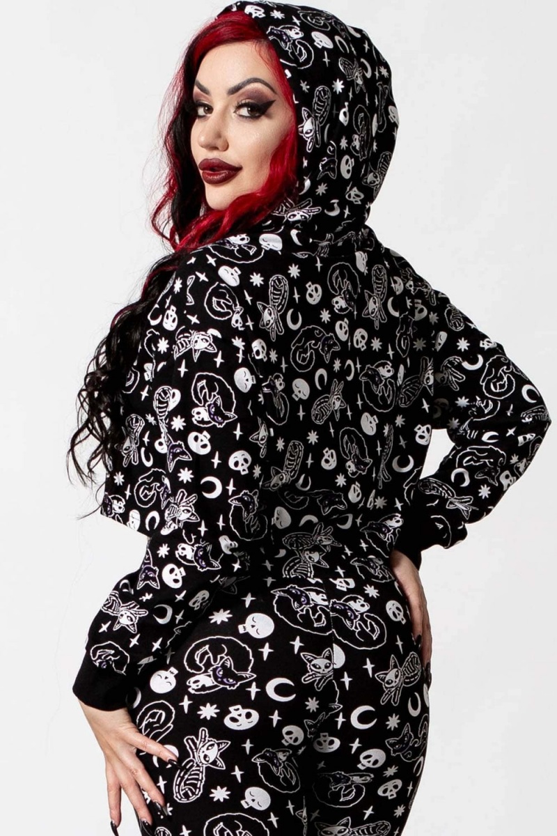 Killstar Purr Off Cropped Hoodie [B] Negros | 28096-QHFZ