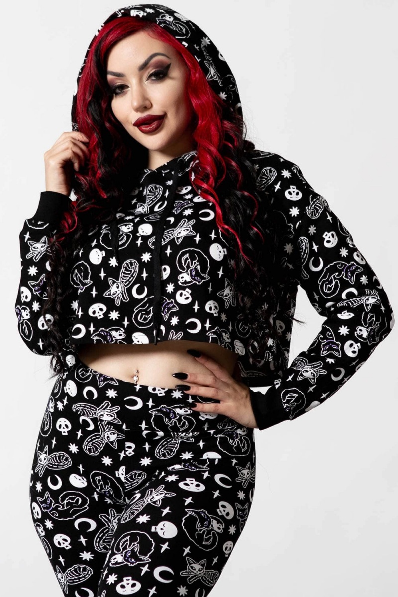 Killstar Purr Off Cropped Hoodie [B] Negros | 28096-QHFZ