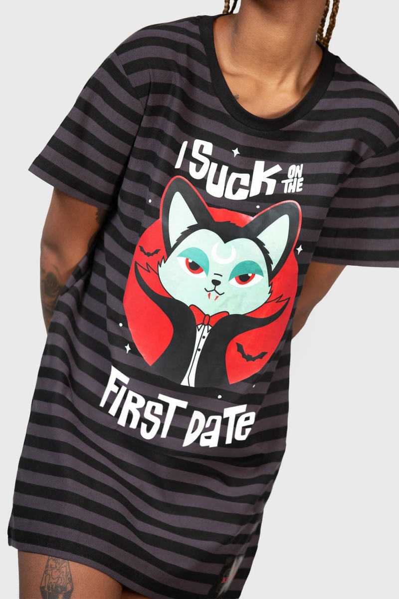 Killstar Purrrfect Pairing T-Shirt Vestido Negros | 21370-HRWB