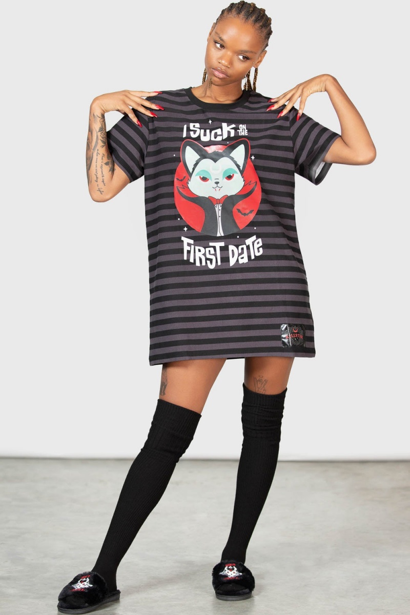 Killstar Purrrfect Pairing T-Shirt Vestido Negros | 21370-HRWB