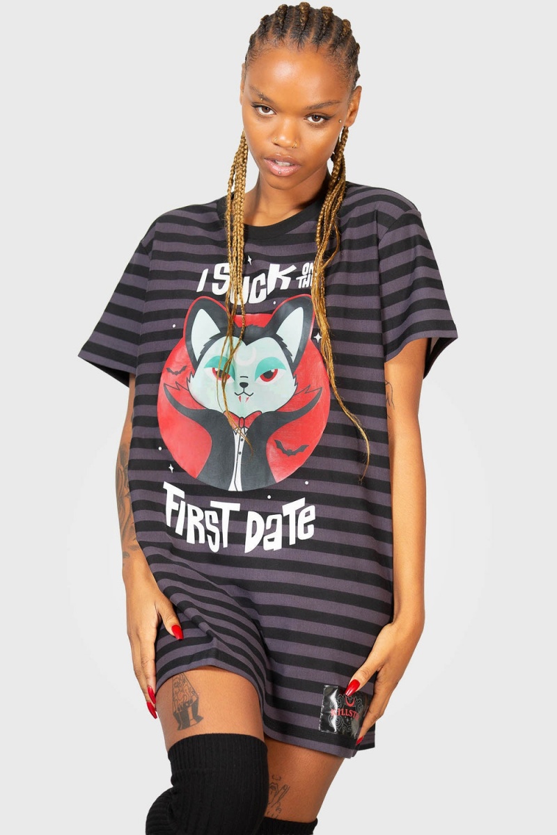 Killstar Purrrfect Pairing T-Shirt Vestido Negros | 21370-HRWB