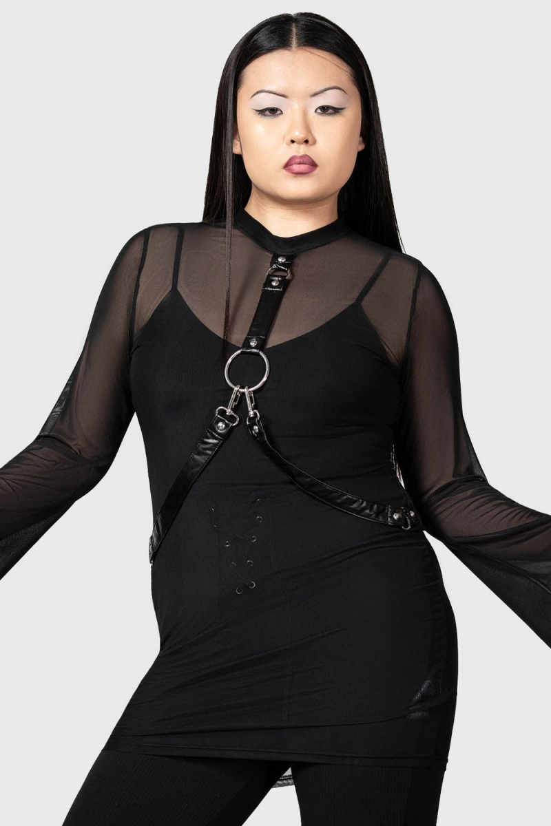 Killstar Sheer Bondage Long Sleeve Vestido Negros | 49732-EYCD