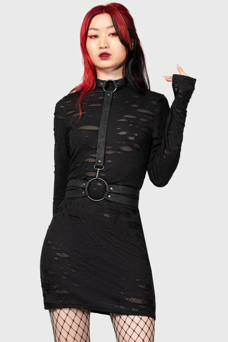 Killstar Sinners Glimmer Long Sleeve Vestido Negros | 50614-KCEX