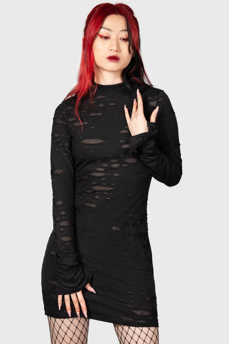 Killstar Sinners Glimmer Long Sleeve Vestido Negros | 50614-KCEX