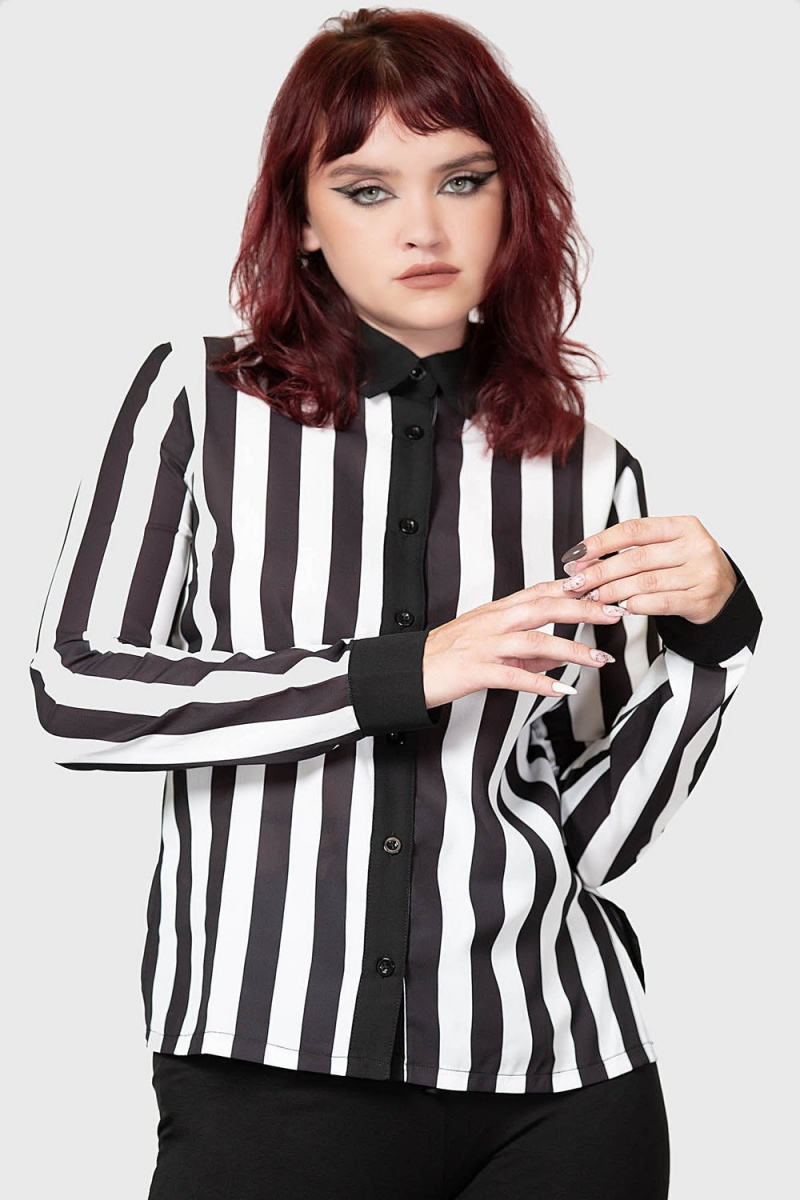 Killstar Stripe Down Shirt Negros Blancos | 36249-MGLZ