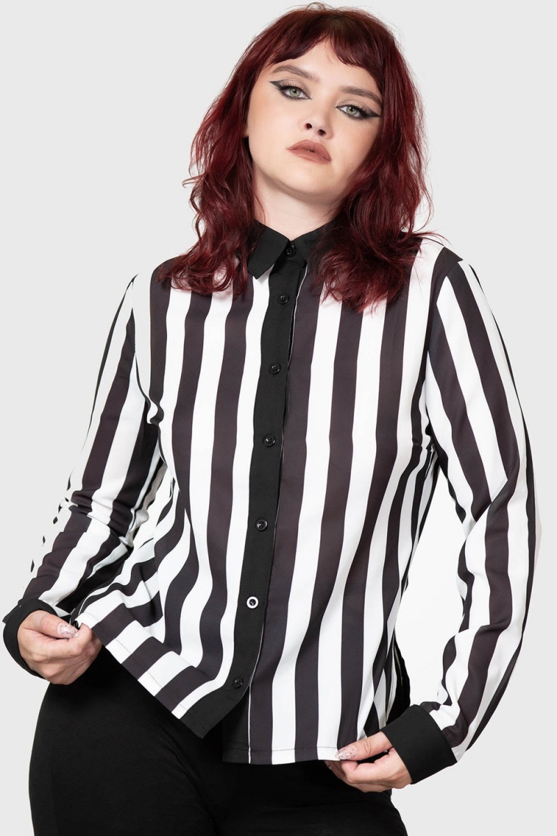 Killstar Stripe Down Shirt Negros Blancos | 36249-MGLZ