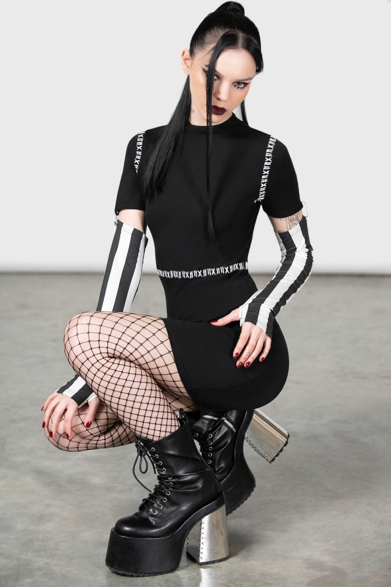 Killstar Stripes & Stitches Vestido Negros | 62413-ATSD