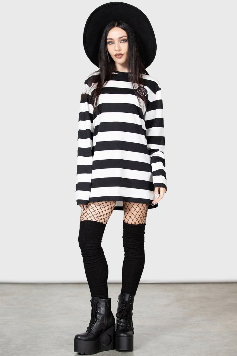 Killstar Sub-Urban Gothic Long Sleeve Top Negros Blancos | 72416-XWRS