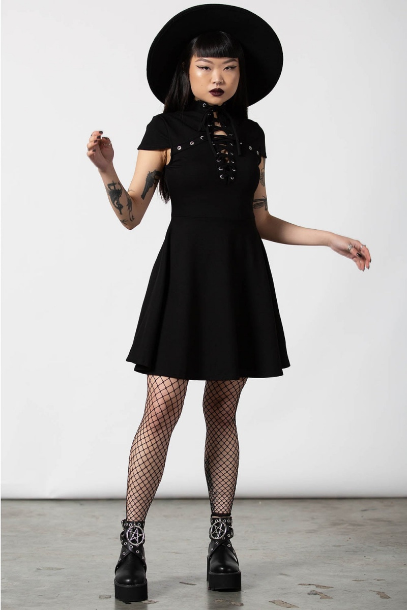 Killstar Tied Up Skater Vestido Negros | 90764-TLRV