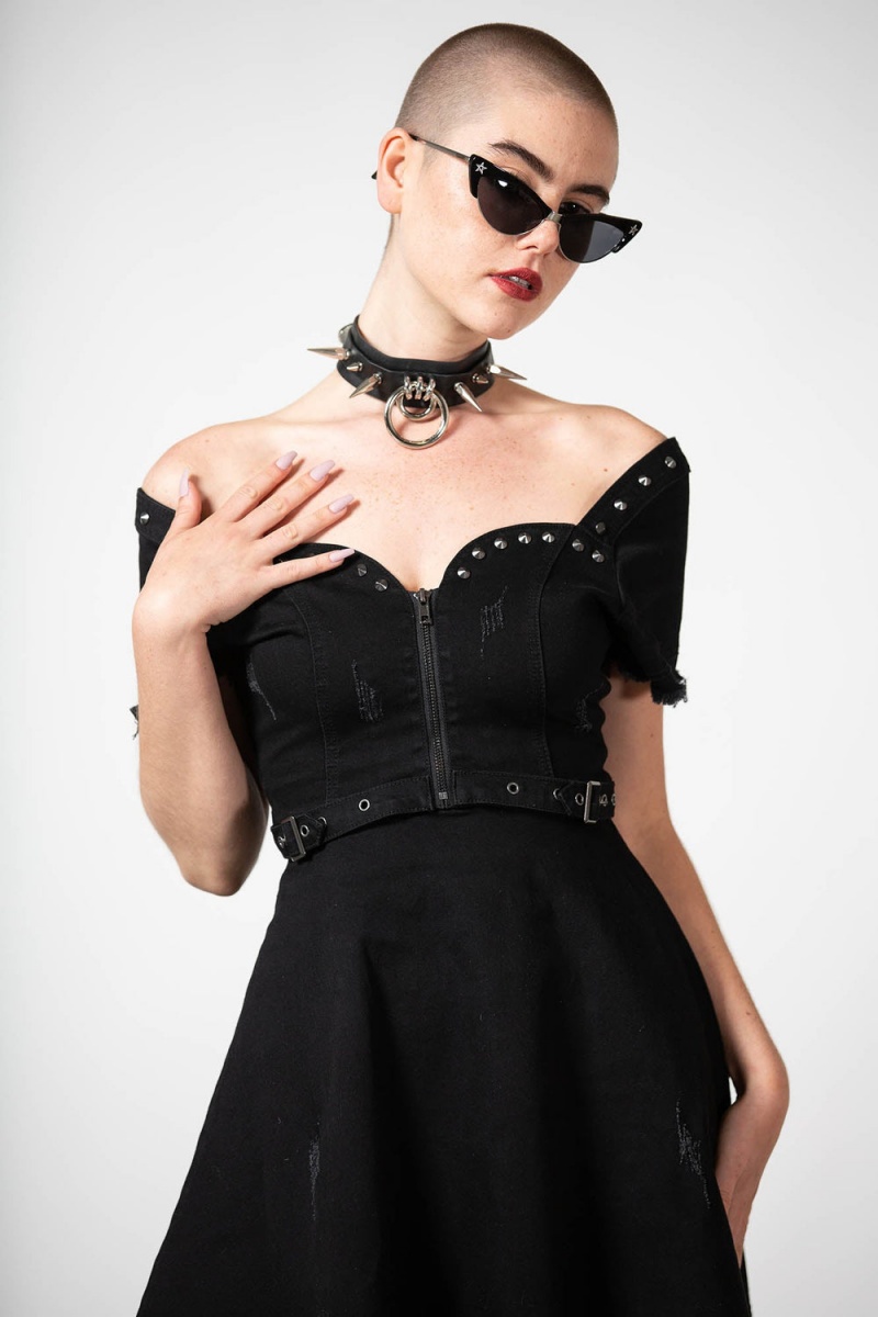 Killstar Time Out Zip Denim Vestido Negros | 10569-PILQ