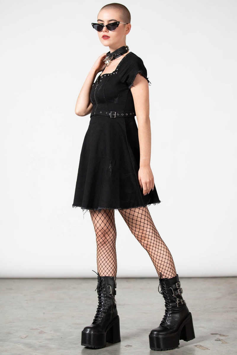 Killstar Time Out Zip Denim Vestido Negros | 10569-PILQ