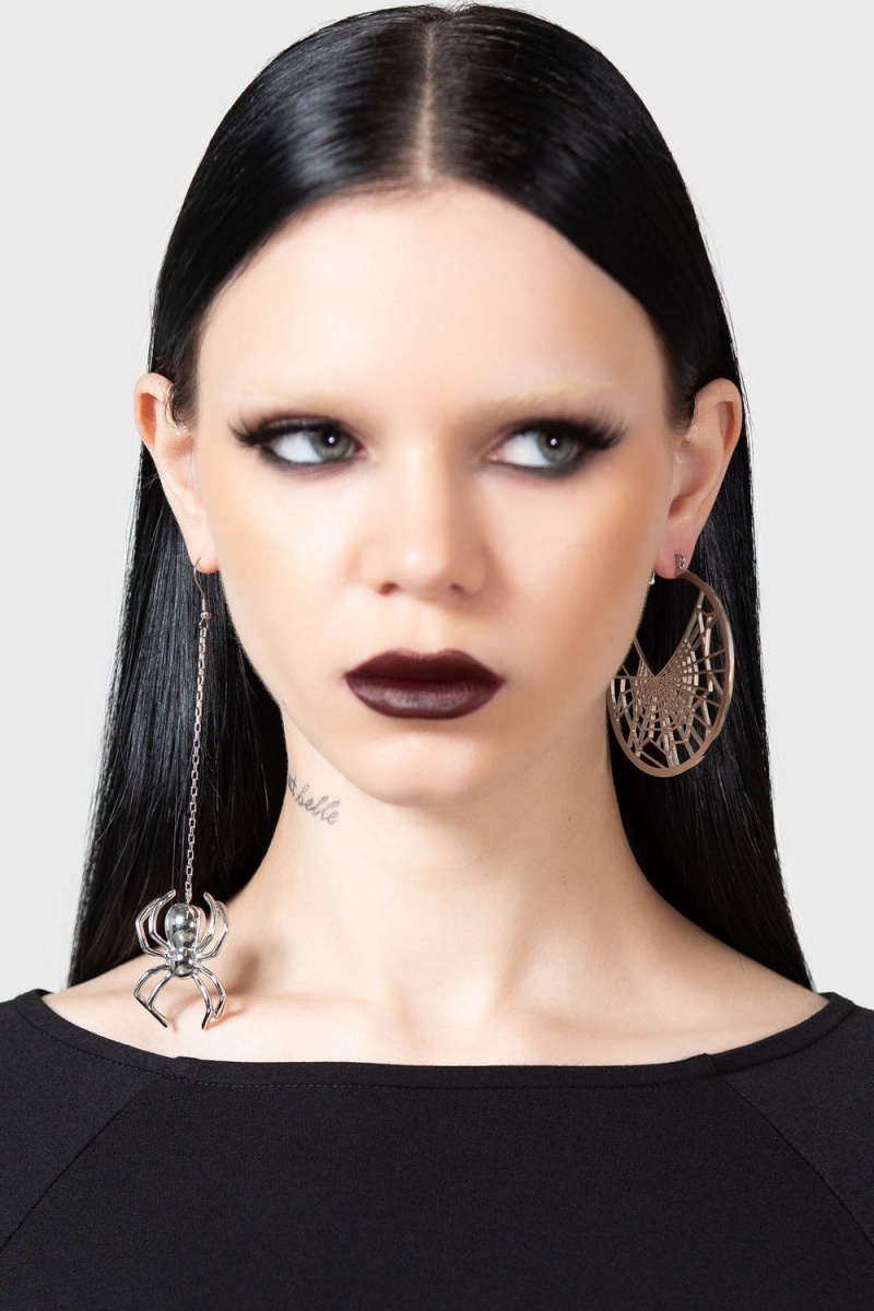 Killstar Vicious Web Hoop Earrings Plateados | 12378-WHPL