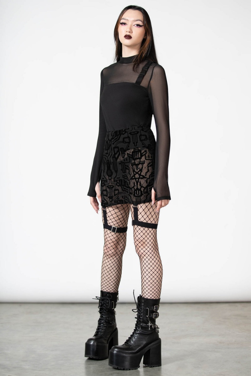 Killstar Warez Mesh Suspender Skirt Negros | 94856-CZSQ