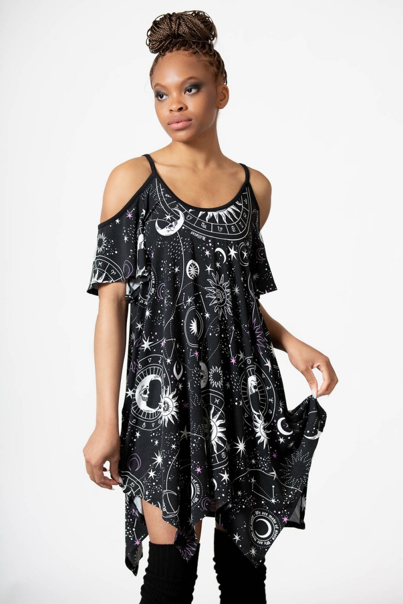 Killstar Zodiac Lounge Vestido Negros | 21396-VHAS